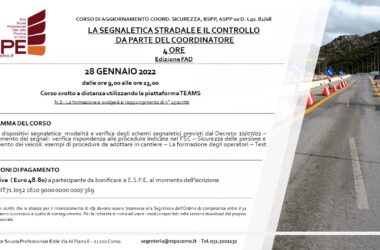 LA SEGNALETICA STRADALE E IL CONTROLLO DA PARTE DEL COORDINATORE – 28/01/2022 – CORSO FAD