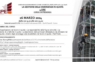 AGG. COORD. SIC., RSPP ASPP – LA GESTIONE DELLE EMERGENZE IN QUOTA – IN PRESENZA – 26/03/2024