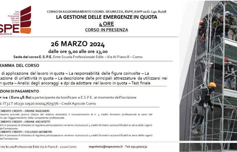 AGG. COORD. SIC., RSPP ASPP – LA GESTIONE DELLE EMERGENZE IN QUOTA – IN PRESENZA – 26/03/2024