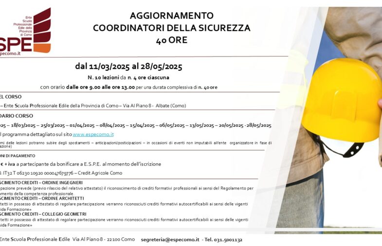 AGGIORNAMENTO COORDINATORI DELLA SICUREZZA – 40 ORE – dal 11/03/2025 al 28/05/2025