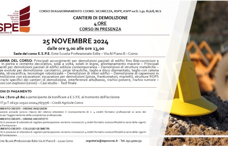 AGG. COORD. SIC., RSPP ASPP, RLS – CANTIERI DI DEMOLIZIONE – IN PRESENZA – 25/11/2024- CORSO AL COMPLETO – N. 0 POSTI DISPONIBILI