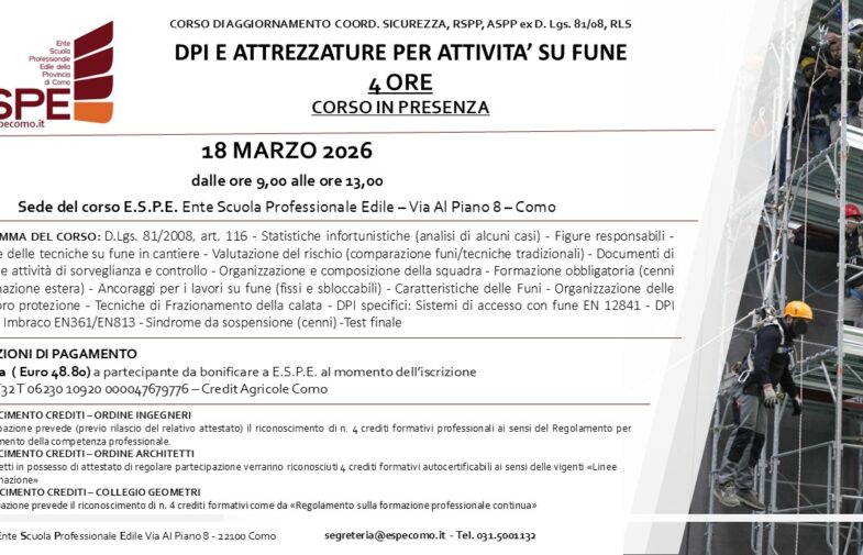 AGG. COORD. SIC., RSPP ASPP, RLS – DPI E ATTREZZATURE PER ATTIVITA’ SU FUNE   – IN PRESENZA – 18/03/2026