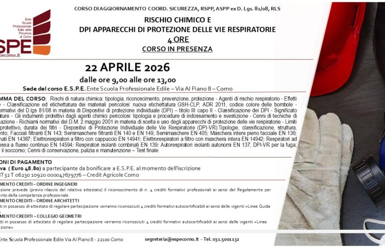 AGG. COORD. SIC., RSPP ASPP, RLS – RISCHIO CHIMICO E DPI APPARECCHI DI PROTEZIONE DELLE VIE RESPIRATORIE  – IN PRESENZA – 22/04/2026